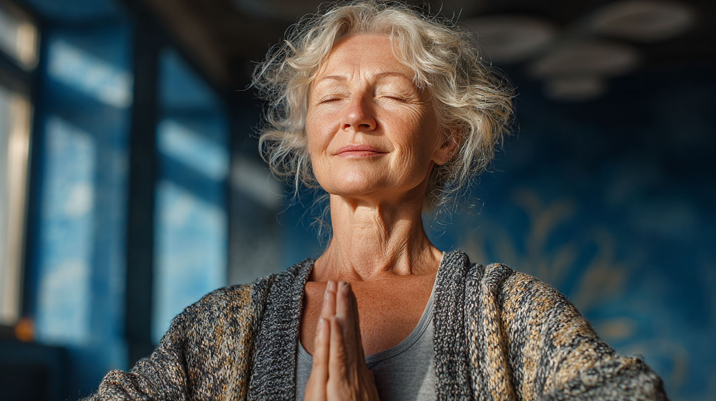 Група възрастни хора практикуват йога на открито